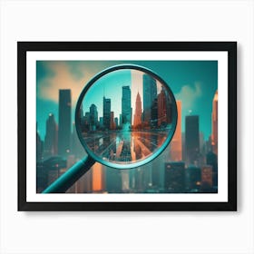 A Magnifying Glass Focuses On A Cityscape With A Digital Grid Overlay, Representing The Concept Of Technology And Urban Development Art Print