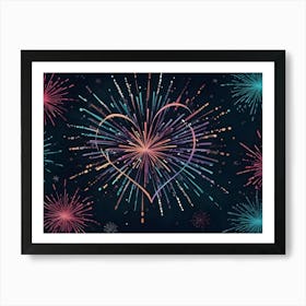 Abstract Image Of Colorful Fireworks Exploding In The Shape Of A Heart, Creating A Romantic And Festive Atmosphere Against A Dark Blue Sky Art Print