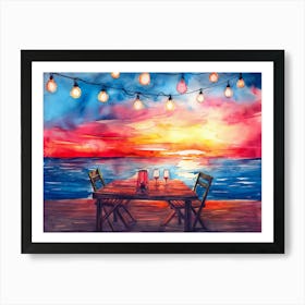 Watercolor Painting Of A Table With Chairs And String Lights With Red Lantern Art Print