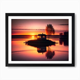 House On A Lake At Sunset Art Print