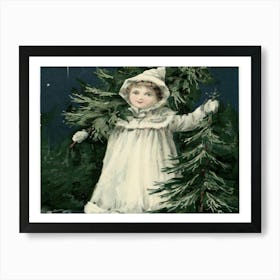 Little Girl Holding Christmas Tree Art Print