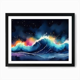 Watercolor Painting Of A Colorful Wave Crashing At Night Art Print