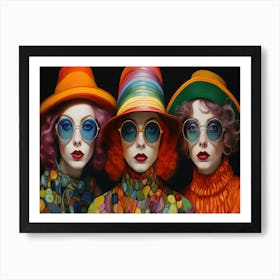 Three Women Wearing Colored Hats Glasses And Hats 2 Art Print