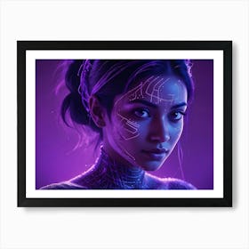 Abstract Image Of A Woman S Face With Glowing Purple Lines, Resembling A Futuristic Or Cyberpunk Aesthetic Art Print