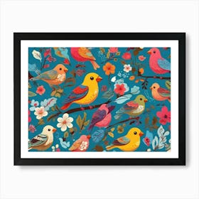 Default Seamless Cartoon Pattern Of Birds And Flowers In Brigh 1 Art Print