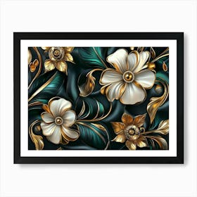 Luxury Floral Seamless with Flowers Elegant Leather Texture Illustration Background in Golden, Green and White Art Print