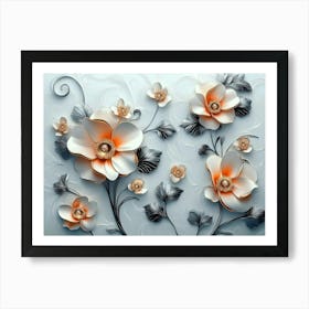 3d Artwork Illustration, White and Blue Background, Golden Jewelry, Flowers, Black Art Print