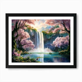 Majestic Waterfall Cherry Blossom Forest Painting #11 Art Print