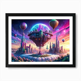 Futuristic Floating City With Hot Air Balloons Art Print