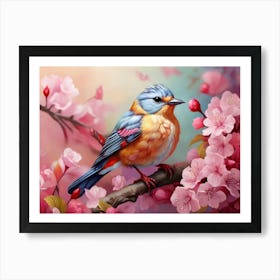 Bird Perched On Cherry Blossoms Art Print