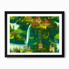 Mystical Fantasy Water Island Village In A Colorful Painting Art Print