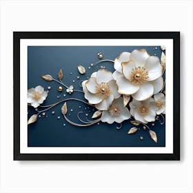 3d White and Blue Background with Golden Jewelry and Flowers Affiche