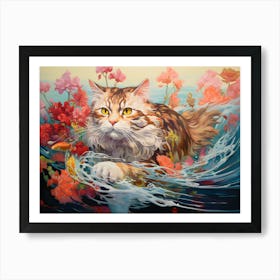 Maine Coon Cat Swimming In The Sea Art Print