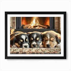 Cosy Puppies by the fire 2 Art Print