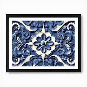 Seamless Sculpture Retro Pattern Blue Spiral Curve Cross Dot Line Frame Plant Flower Art Print