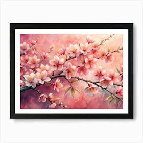 Watercolor Illustration Of A Branch Of Pink Cherry Blossoms Art Print