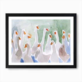 Flock Of Geese Watercolor painting farm farmcore birds grey gray blue green orange happy goose Art Print