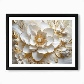 3d Modern Flower Artwork in Gold and White Hues 1 Art Print