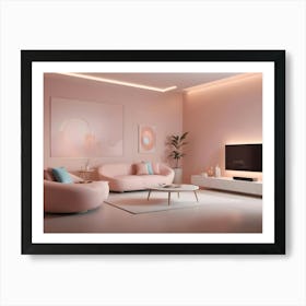 A Pink Living Room Interior With A Pink Sofa, Armchairs, And A Tv On The Wall Art Print