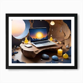 A Laptop With A Sun Setting Behind Mountains Displayed On The Screen Sits On A Wooden Table Surrounded By Various Decorative Objects, Including Candles, Stones, And Glass Bottles Art Print