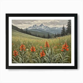 Vintage Oil Painting of indian Paintbrushes in a Meadow, Mountains in the Background 11 Art Print