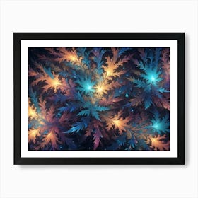 A Vibrant, Abstract Design Of Glowing, Feathery Shapes In Shades Of Blue, Purple, Orange, And Yellow Against A Dark Background Art Print