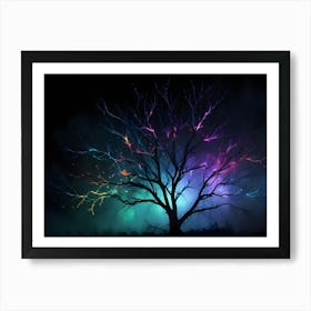 Silhouette Of Tree With Colorful Lights In Fog Art Print