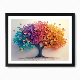 Colorful Tree with Leaves on Hanging Branches Illustration, 3d Floral Tree Art Print