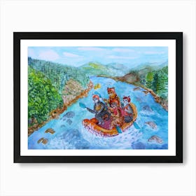 Cats Have Fun Summer Rafting On A Mountain River Four Cats In A Boat Art Print