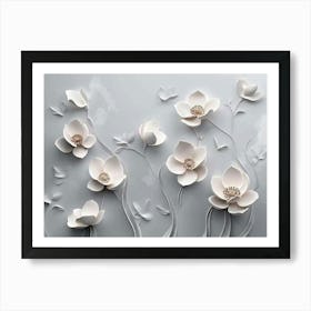 3D White Flowers On A Gray Wall Art Print