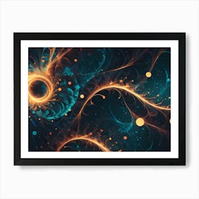 Abstract Fractal Image Featuring Swirling, Luminous Lines And Orbs In Shades Of Blue, Orange, And Gold Against A Dark Background Art Print