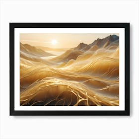 A Scenic Landscape With Golden, Flowing Lines Over Mountains And A Setting Sun Art Print