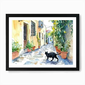 Thessalonik, Greece   Cat In Street Art Watercolour Painting 1 Art Print