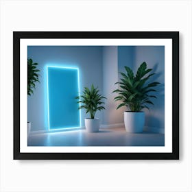 A Modern Room With Three Potted Plants And A Glowing, Blue Neon Frame On The Wall Art Print