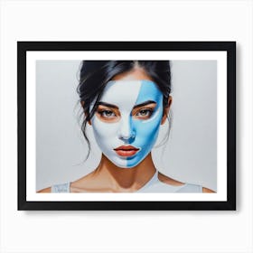 Blue And White Painting In Double Masked Girl Face Art Print