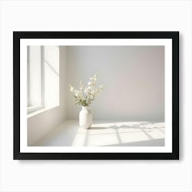 A Minimalist Image Of A White Vase With White Flowers, Set Against A White Wall With A Window, Creating A Clean And Simple Interior Design Scene Art Print