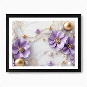 3d Artwork with Purple Flowers, Gold Balls, And Pearls on a White Marble Background Art Print