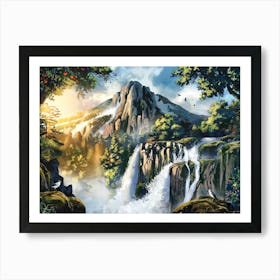 Mountain Waterfall Landscape Painting #5 Art Print