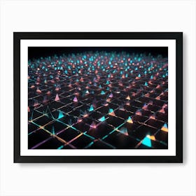 Abstract 3d Rendering Of A Grid Pattern With Glowing, Multicolored Pyramids Art Print