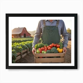 Smiling Farmer Holding A Crate Of Fresh Produce In A Field 2 Art Print