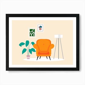 Orange Chair In A Living Room Art Print