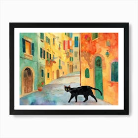 Black Cat In Pescara, Italy, Street Art Watercolour Painting 3 Art Print