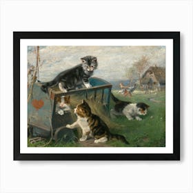 Vintage Painting Kittens In A Wagon Art Print