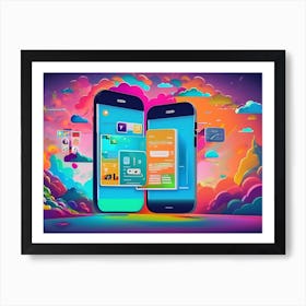Two Mobile Phones In The Sky Future Of Mobile Applications Development In Colorful Dreaming Life Art Print
