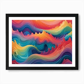 Abstract Artwork Featuring A Colorful, Layered Landscape Of Overlapping Waves In Shades Of Red, Orange, Yellow, Green, Blue, And Purple Art Print