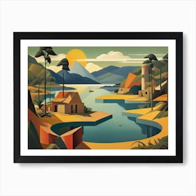 Vintage Cubist Travel Poster Pitch Lake Trinidad & Tobago Art Print