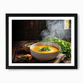 Autumn Pumpkin Curry Soup Steaming In An Earthenware Bowl Vibrant Orange Against Dark Green Lettuc (2) Art Print