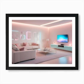 A Modern Living Room Interior With A White Sofa, Pink Accent Pillows, A Glass Coffee Table, A Pink And Blue Neon Light Installation, A Large Tv, And A Plant Art Print