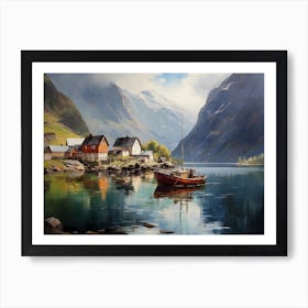 Fishing Boat Moored Near Fjord Houses Art Print