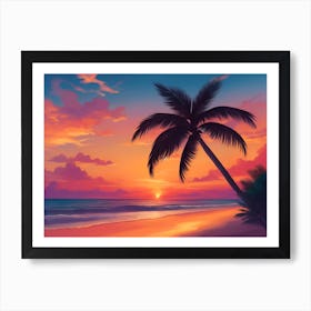 A Tranquil Beach At Sunset Horizontal Illustration 49 Art Print